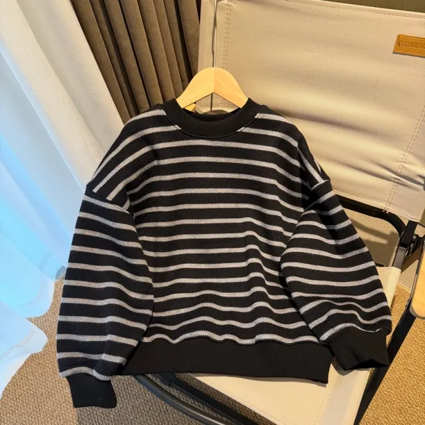 【加绒】男童秋冬新款加绒圆领套头卫衣黑色条纹针织毛衣韩版女童
