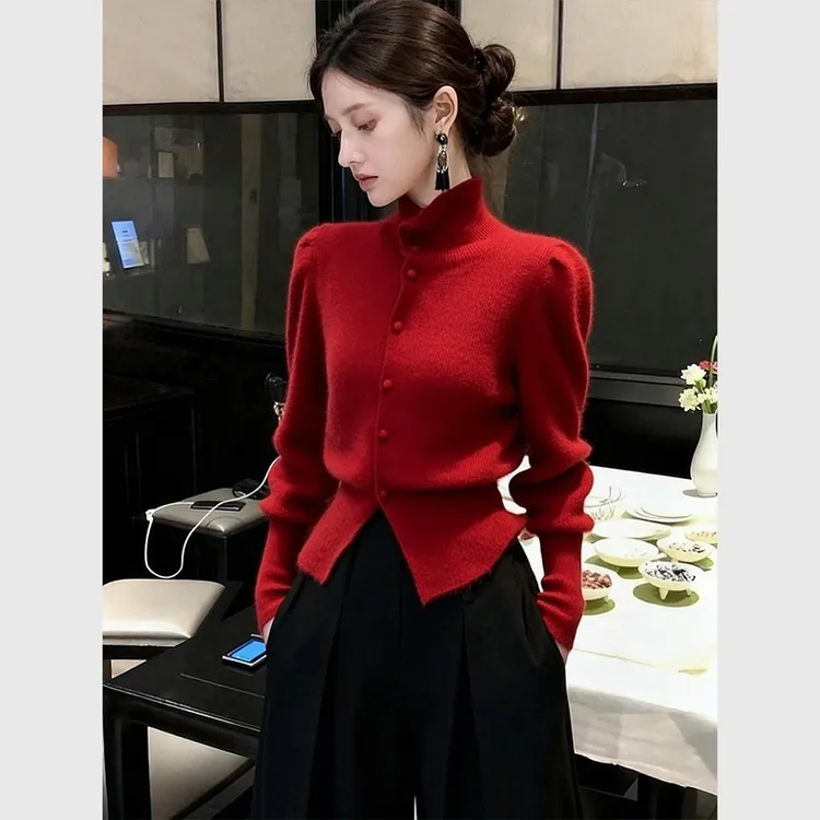 2025秋冬新款红色高领单排扣毛衣女秋冬修身显瘦短款针织开衫洋气