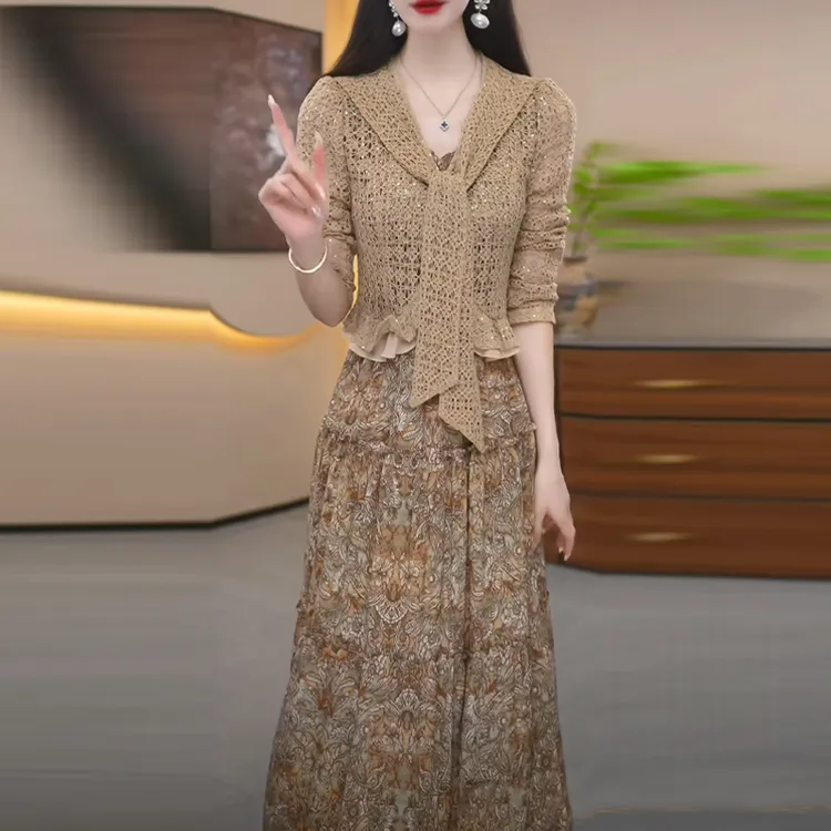 梦莎姿针织衫套装裙女秋装2025新款今年流行爆款印花连衣裙两件套