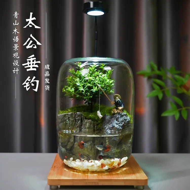 青山木语【太公钓鱼】创意苔藓水陆微景观办公绿植造景桌面摆件礼品