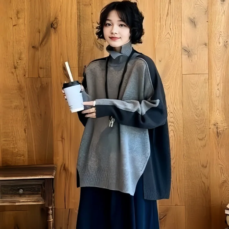 休闲风半开叉高领保暖毛衣女2025冬季大码胖MM宽松百搭软糯上衣