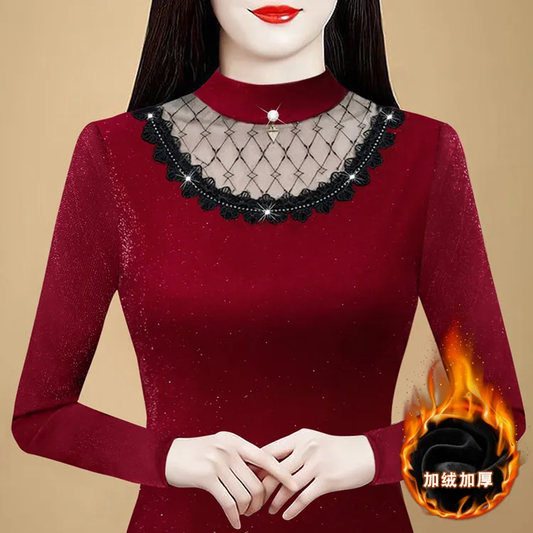 黑色显瘦打底衫秋冬蕾丝网纱长袖T恤女装半高领内搭显瘦加绒上衣