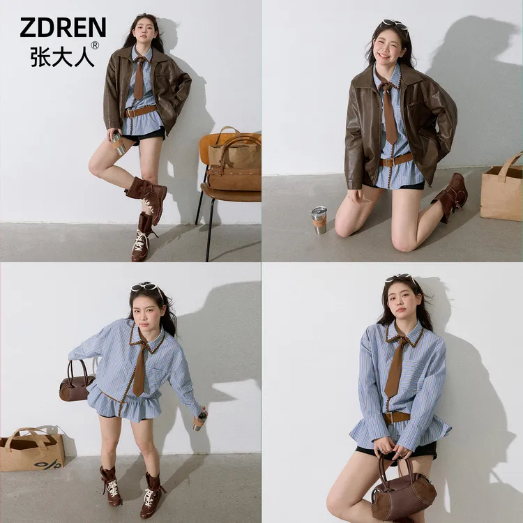 【苏胖胖专属】张大人【慕斯可可】大码女装微胖妹妹港风复古皮衣搭蓝色衬衫套装