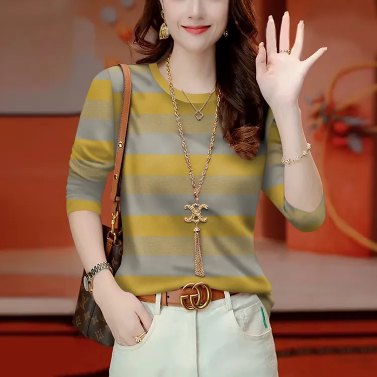 好品捡漏~春秋款条纹长袖t恤女大码宽松遮肚显瘦圆领打底上衣时尚