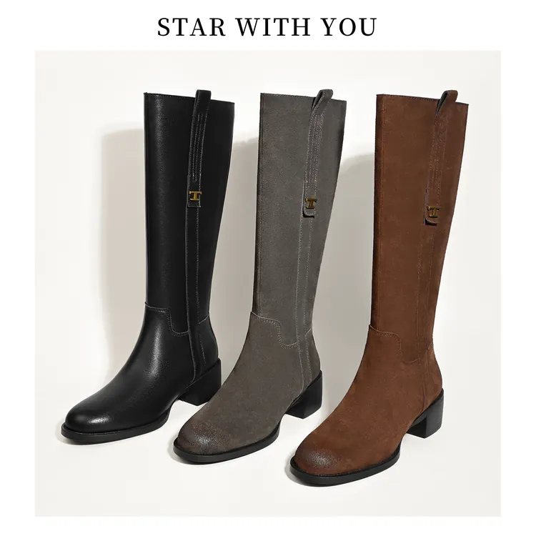 【STAR】秋冬长筒靴女牛反皮粗跟圆头擦色靴子金属扣带骑士靴4.5cm