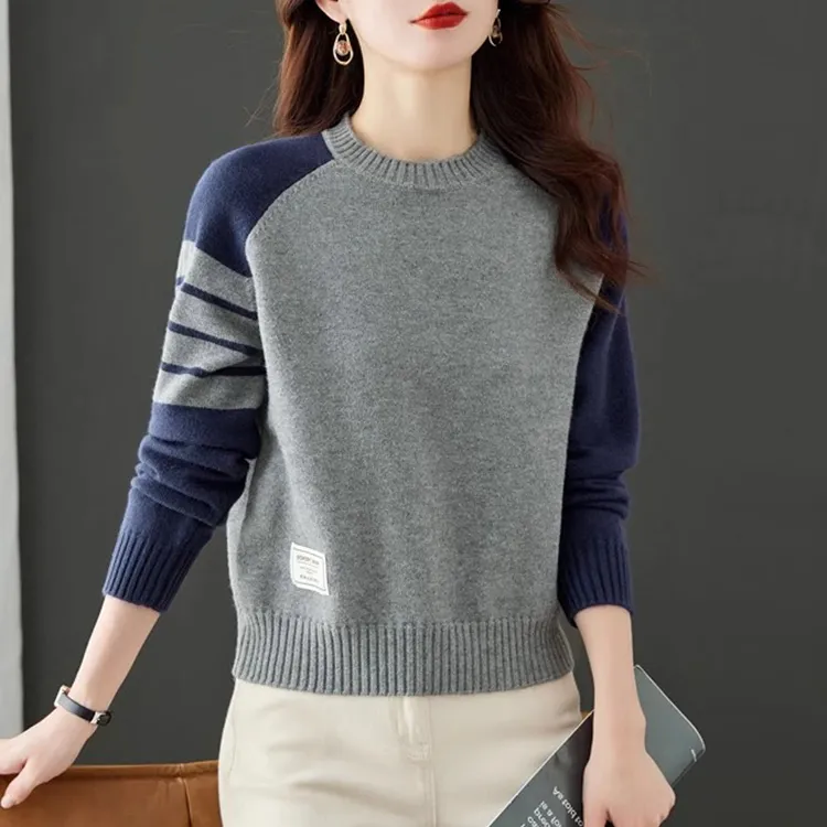 2025秋冬新款拼色圆领针织衫毛衣女宽松显瘦洋气百搭打底内搭上衣