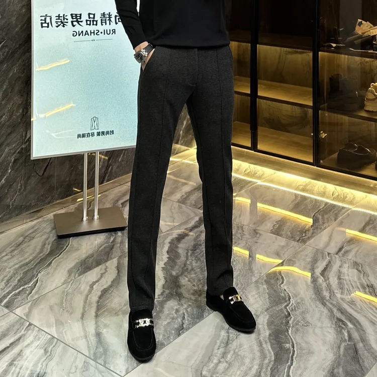 冬季中腰厚款加绒保暖人字纹潮流弹力高定轻奢时尚百搭休闲裤2537