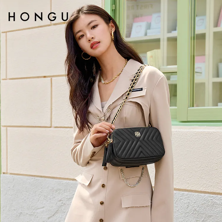 HONGU/红谷新款菱格链条包牛皮手机相机包女百搭时尚斜跨包1830