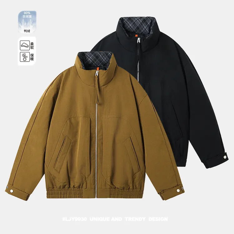 冬季白鸭绒90绒情侣格纹拼接短款羽绒服复古格子男羽绒服夹克外套