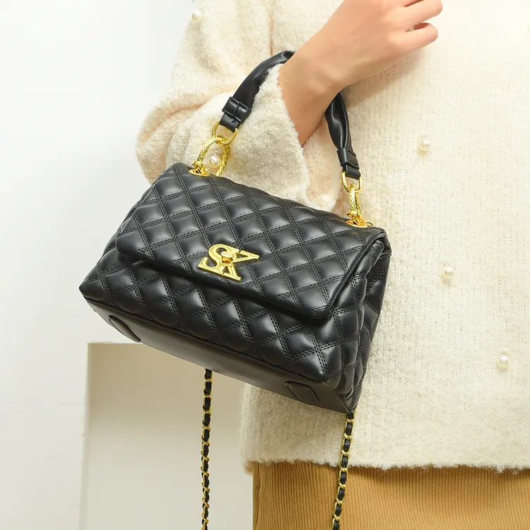 羊皮纹手提包高质感小香风菱格绣线链条名媛银色包包