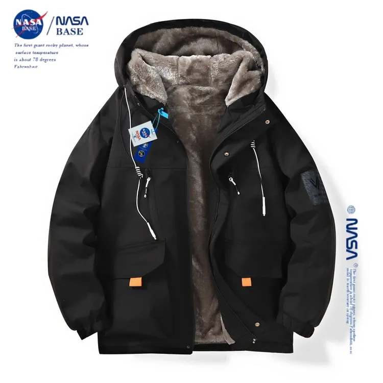 NASA联名连帽男士秋冬款加绒加厚夹克保暖外套冲锋衣休闲风衣工装