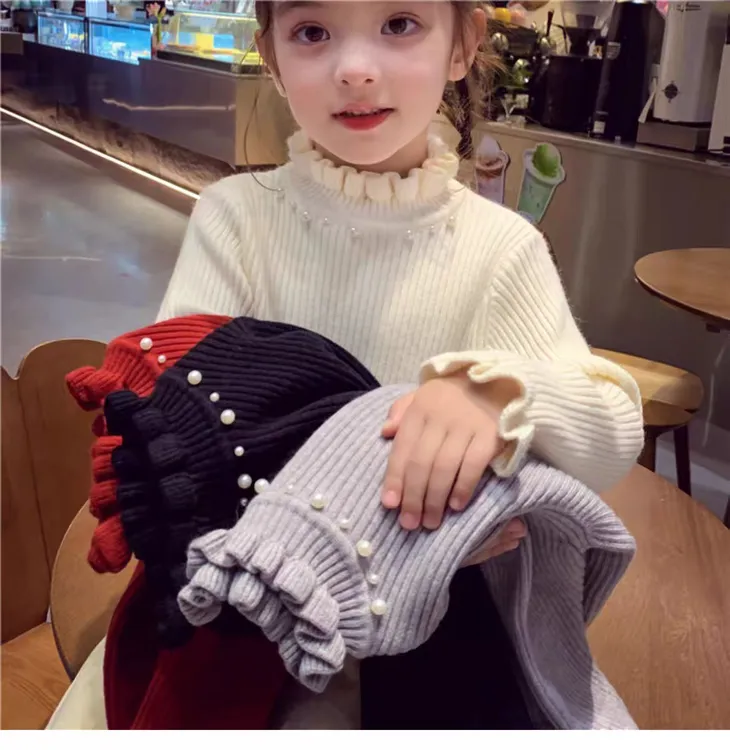 儿童一体绒毛衣洋气冬款女童花边领半高领套头针织女孩加绒打底衫