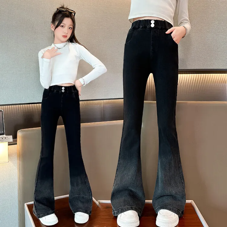 女童紧身牛仔裤春秋2025新款大童韩版修身弹力长裤儿童时髦喇叭裤