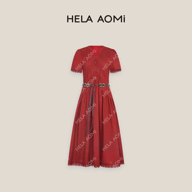 HELA AOMI“草莓恬心”棉100%刺绣镂空花边度假风连衣裙CY5BB72665