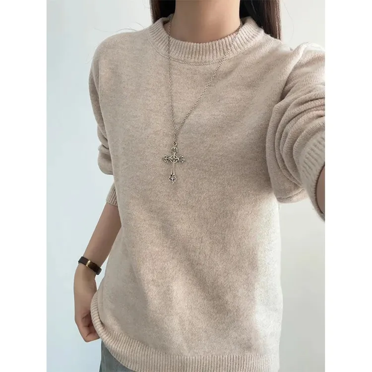 米杏色圆领套头毛衣男款秋冬美式加厚保暖线衣外套内搭打底针织衫