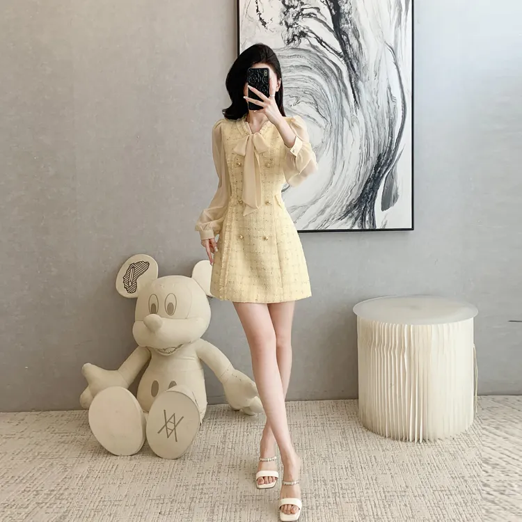 富家千金风气质长袖连衣裙女春秋季新款高级感收腰显瘦假两件短裙