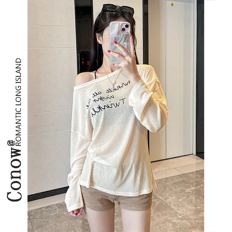 一字领夏季慵懒风薄款字母印花上衣宽松T恤ins长袖微透罩衫