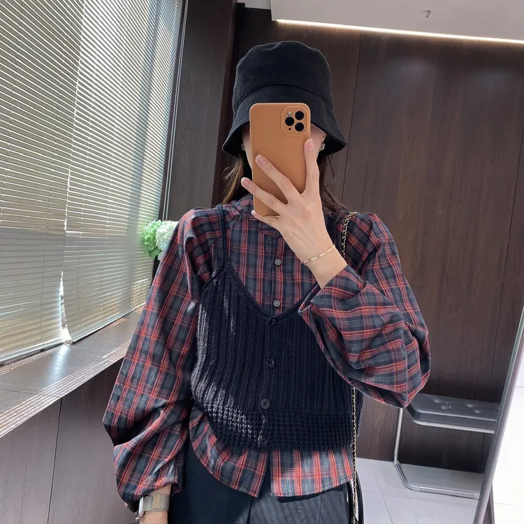IMFLY金小金自制女装 套装DYW9759秋装格子衬衫+针织马甲两件套