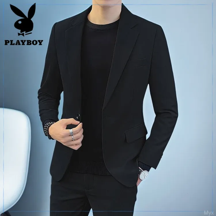 PLAYBOY花花公子修身黑色西服套装男士帅气冬季流上衣服小西装外