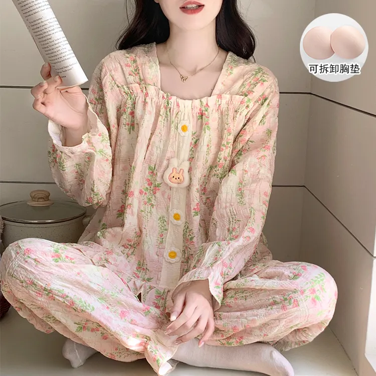 带胸垫可外穿睡衣女款爆款2025新款春秋长袖网红高颜值家居服套装