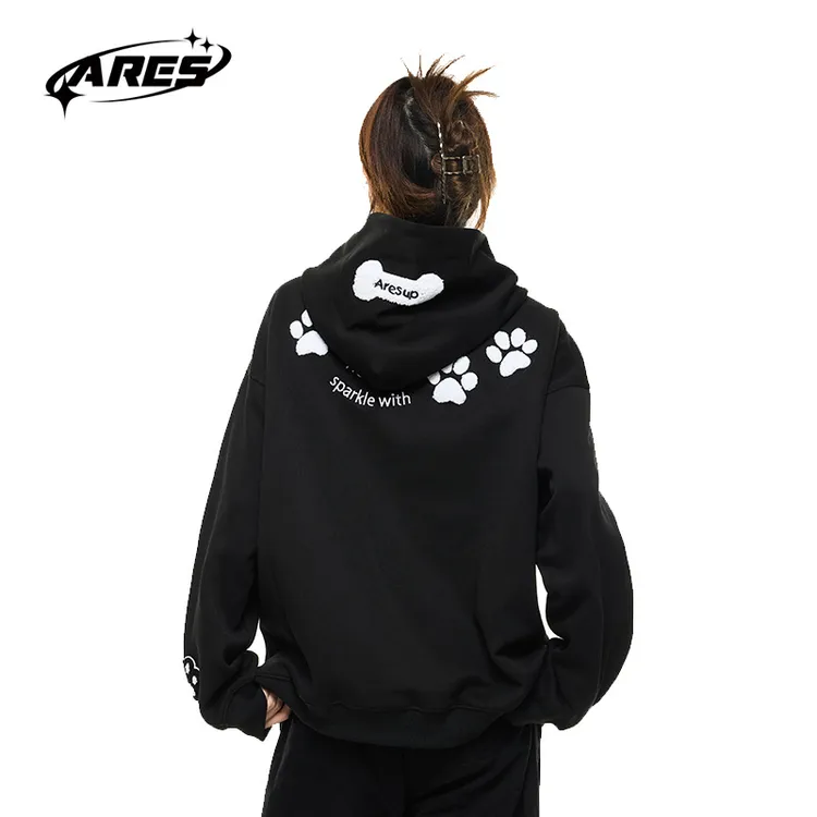 ARESWINGS秋季欧美爱心小狗毛巾绣连帽卫衣男女宽松百搭外套男