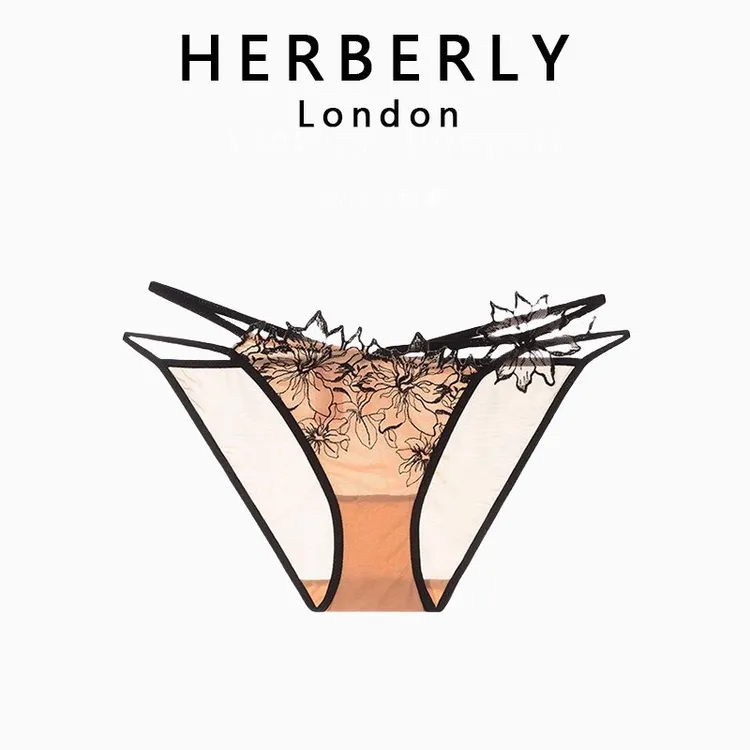 英国 HERBERLY 性感刺绣印花诱惑薄款网纱三角裤纯欲低腰女士内裤