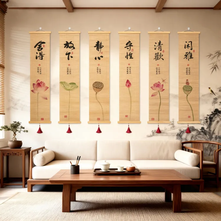 静心书法竹编字画四联挂画纯手工字画背景墙装饰画书房字画挂墙