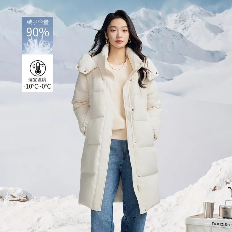 茵曼通勤百搭女式中长款连帽羽绒服女2025新款冬季户外御寒外套女