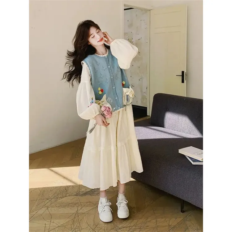 蓝色针织马甲连衣裙套装女春秋叠穿两件套学院风森系减龄温柔风