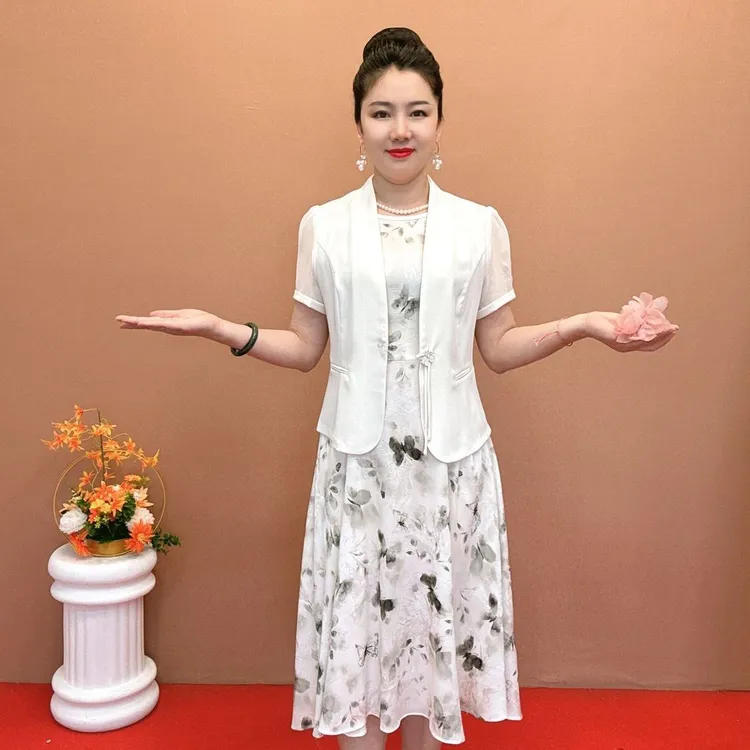 时尚裙子套装2025碎花蝴蝶新款夏季中式两件套气质短袖印花连衣裙