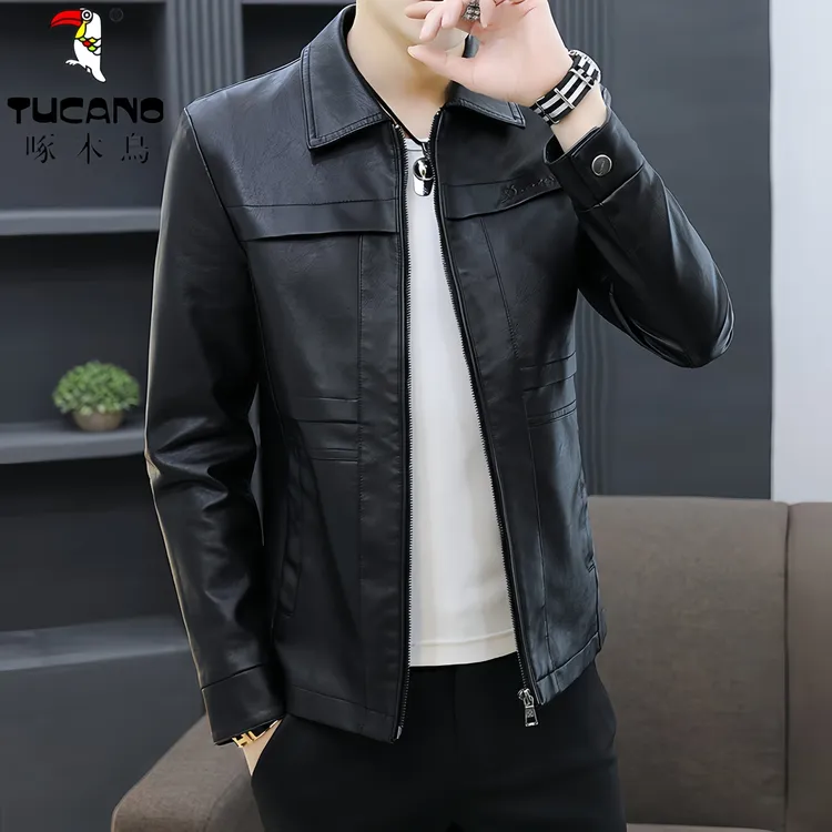 啄木鳥海宁皮衣青年春季韩版修身帅气男士机车百搭男装外套