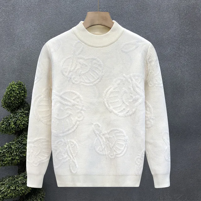 高端中领提花休闲毛衣男潮牌长袖保暖针织衫2025冬季新款男士线衣