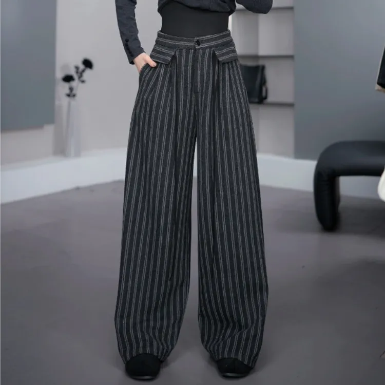 鑫鑫2025冬季新款加绒小众炸街高级感女装条纹百搭阔腿裤33620