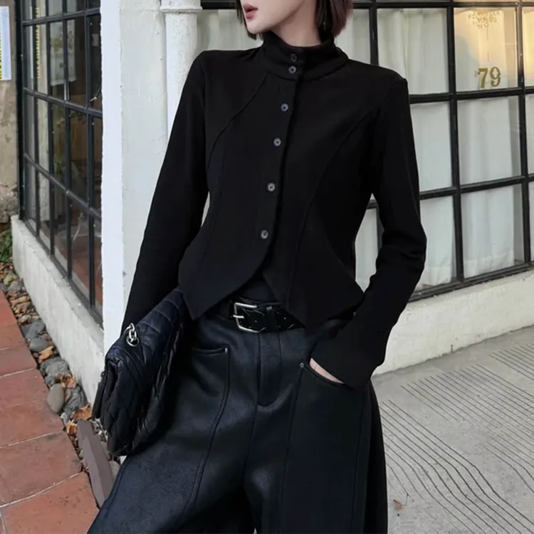 时尚气质高领长袖正肩衬衫女秋冬新款修身显瘦双面德绒打底上衣