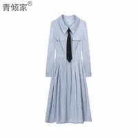 青倾家【柔情旋律】新款秋季修身显瘦条纹法式蓝色衬衫裙连衣裙