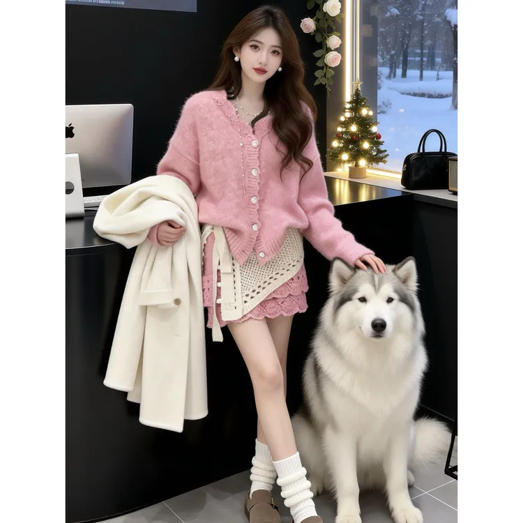 小香风韩系穿搭一整套2026冬季新款巨好看时髦小个子针织衫两件套