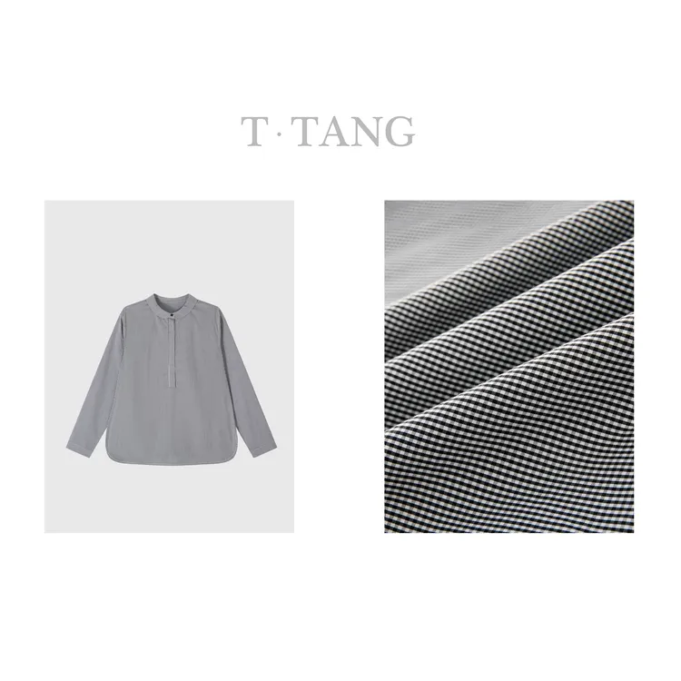 早秋高织高弹色织方格面料时尚休闲黑白细格衬衫上衣【6596】