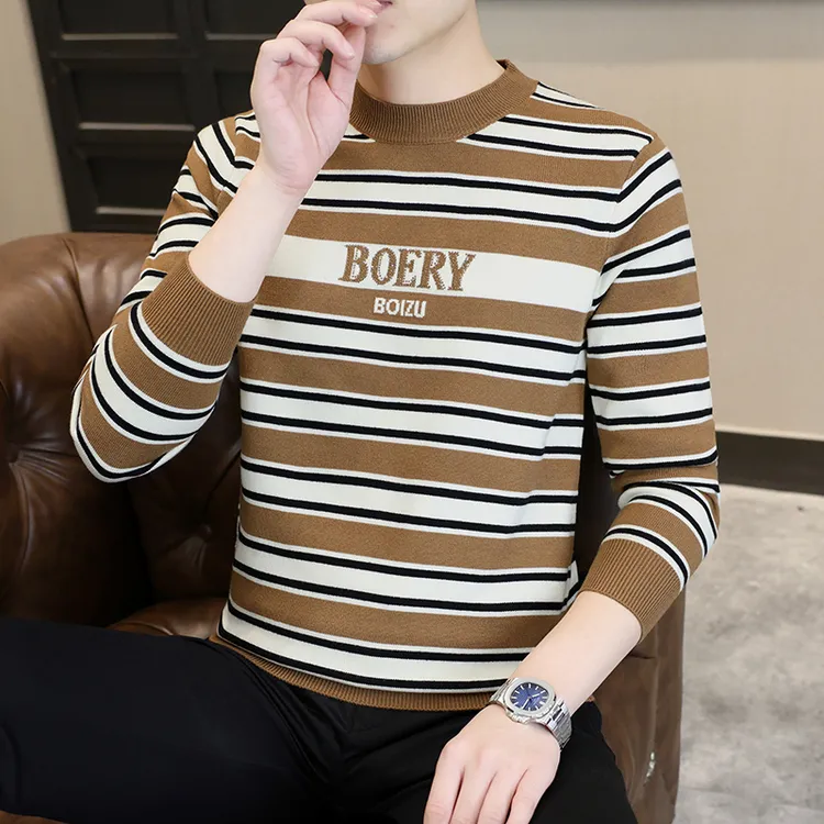 欧货轻奢条纹毛衣男士秋冬新款针织衫时尚烫钻百搭潮流休闲打底衫
