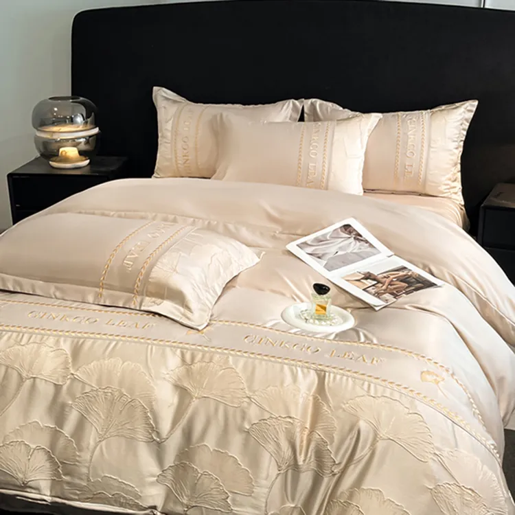 富安娜A类真丝刺绣四件套亲肤透气全棉被套床单床笠宿舍床上用品