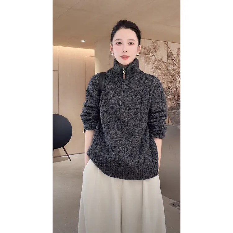 Z.blues【麻花毛衣】半拉链丝羊毛混纺绞花高领套头衫YZEIA9591