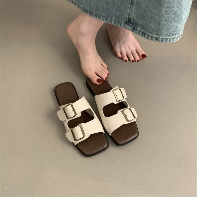 时尚休闲沙滩鞋沙滩复古法式方头厚底鞋子ins女外穿凉拖鞋