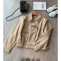 玳妮【萍萍推荐】秋季翻领不规则侧拉链气质收腰扣袢外罩机车短外套