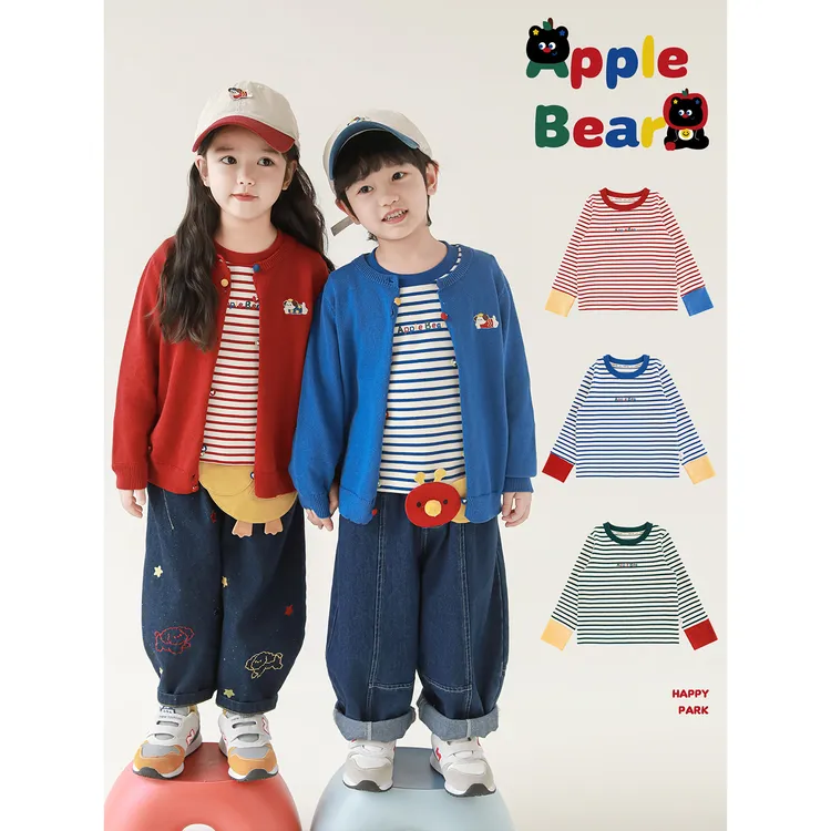 YOEHYAUL/幼悠秋三波【苹果熊熊】儿童秋季条纹打底衫棉T恤 N6662