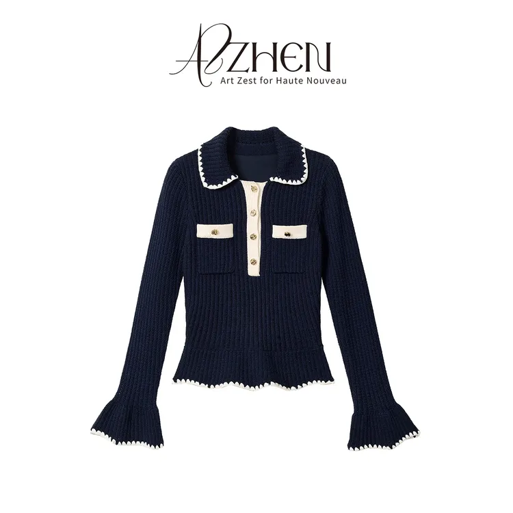 AZZHEN【靛蓝诗集】气质显瘦小香风撞色针织半裙短款复古两件套秋冬