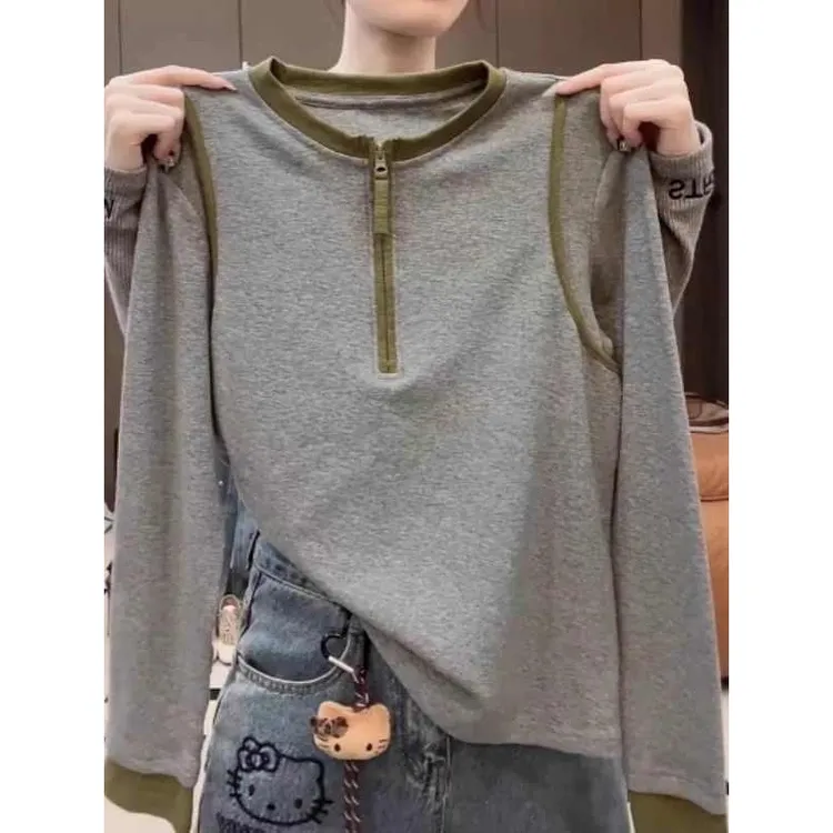 2025冬季新款德绒打底衫女时尚撞色半拉链洋气长袖圆领显瘦女上衣