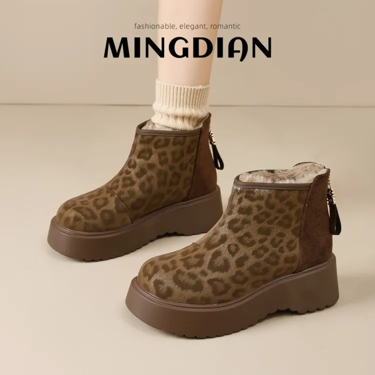 MEDD/名典豹纹短靴女秋冬新款加绒保暖软厚底增高雪地靴厚薄可选