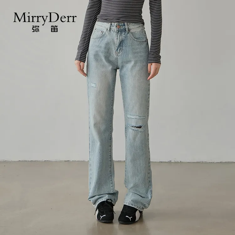 MirryDerr/弥笛破洞直筒牛仔裤女2025夏季新款美式复古百搭阔腿裤