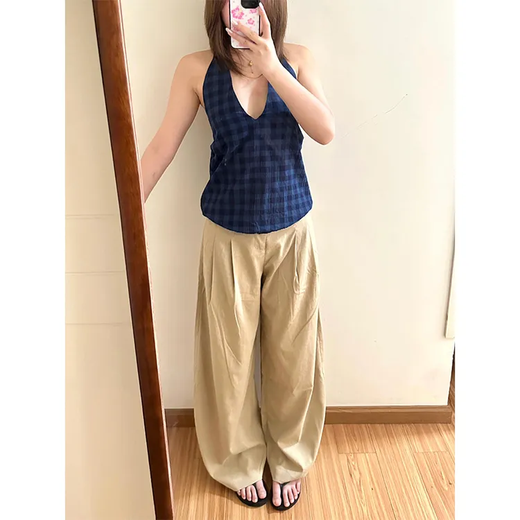 洋气衣服女夏季格子V领背心上衣高腰显瘦休闲裤裤百搭拖地长裤