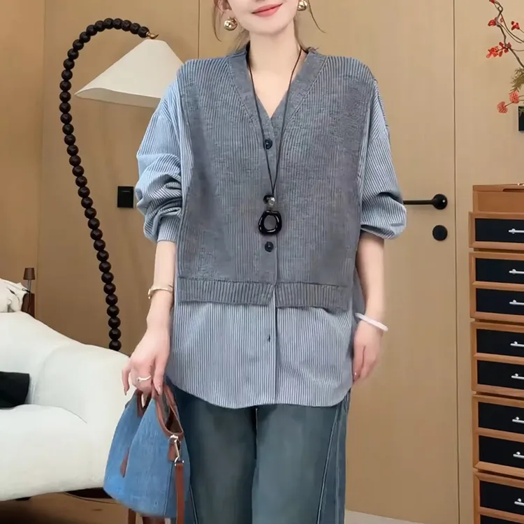独特设计感假两件针织拼接衬衫女秋季新款小众撞色长袖显瘦上衣