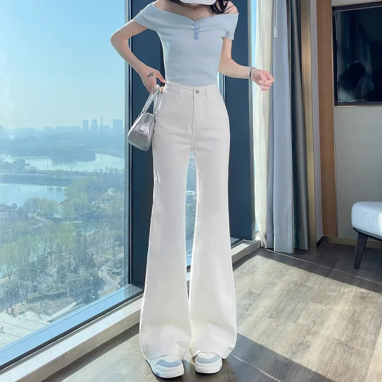 加长白色微喇牛仔裤女春秋季2025新款高腰小个子九分显瘦喇叭裤子